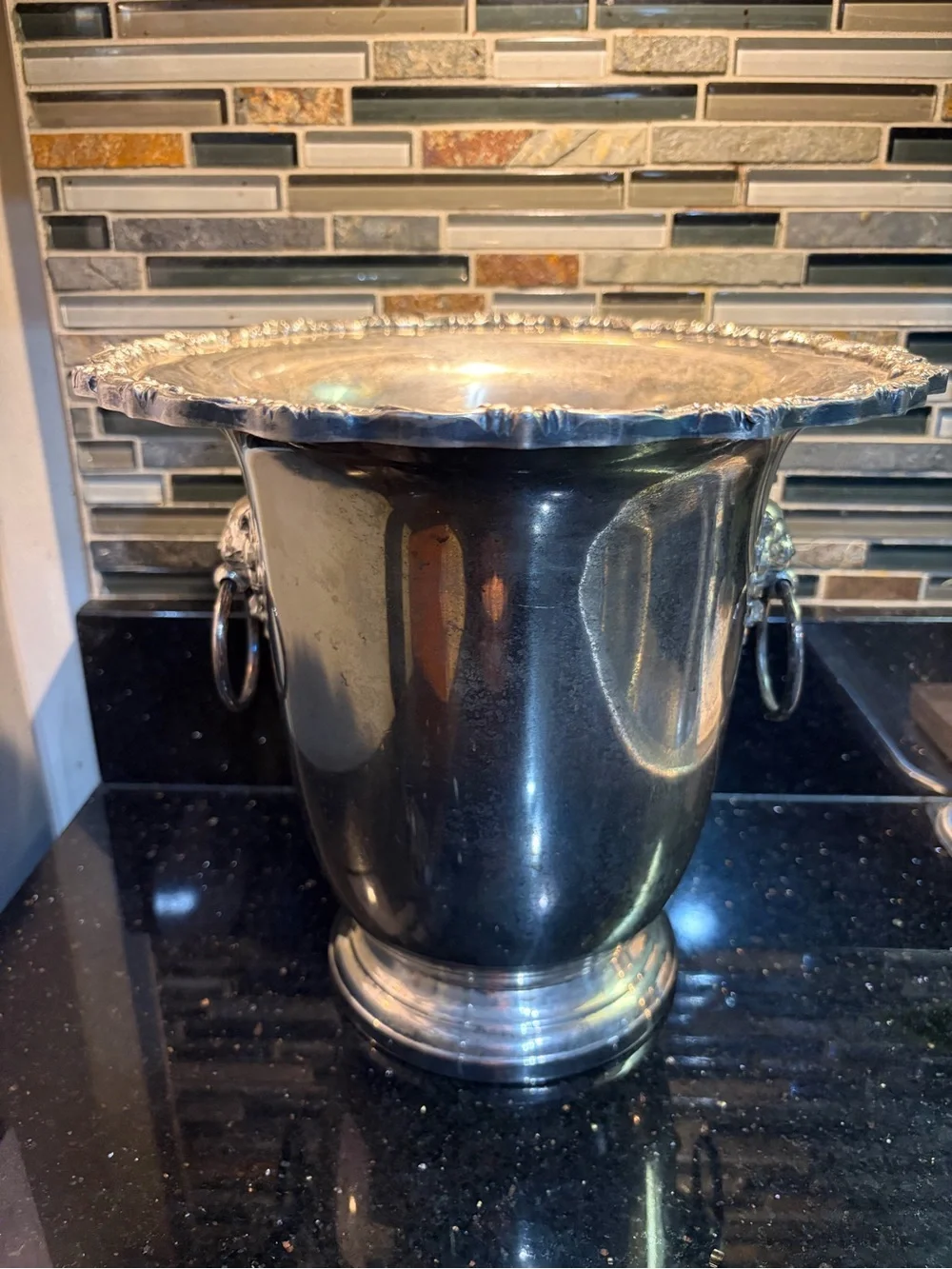 Vintage Sheridan Silverplated Lion Head Ice Bucket with Ring Handles
